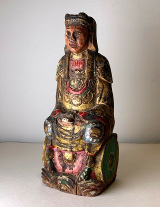 Antique 19thc Chinese Polychrome Hand Carved Wooden Seated Temple Court Figure