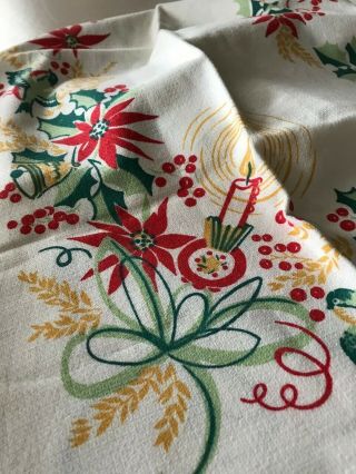 Swedish Vintage Christmas Tablecloth,  Holly,  Berries,  Poinsettias & Green Birds