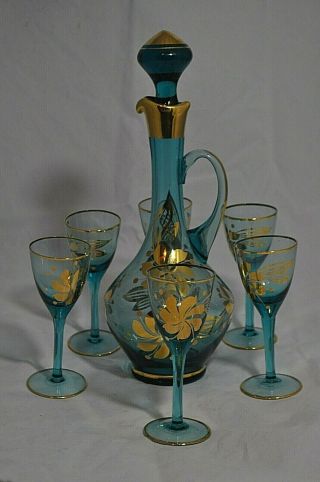 Vintage Teal Blue And Gold Decanter & 6 Cordial Glasses