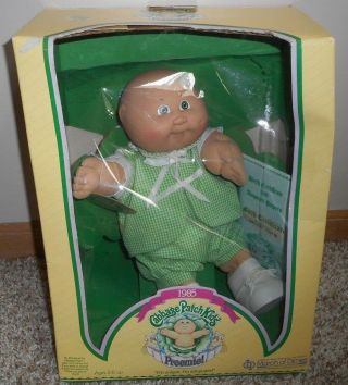Vintage 1985 Cabbage Patch Kids Preemie Doll Boy Bald Delmar Outfit Box
