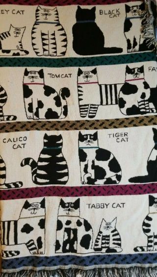 Pat Myers Vtg Crown Craft Cat Throw Blanket,  Tapestry,  100 Cotton,  Woven,  Fringed