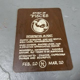 Vintage Wood Plaque Spirit Of Pisces Zodiac Wall Hanging Horoscope Horoscope