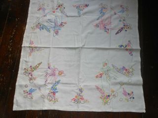 Vintage Hand Embroidery Crinoline Lady Linen Ecru Tablecloth Flowers Square Old