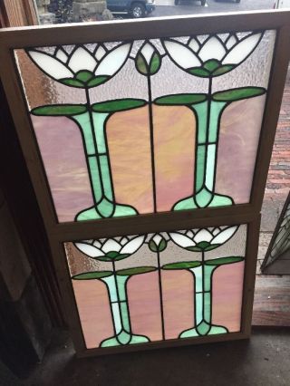 Sg 1481 Match Pair Antique Lillypad Stainglass Window 22 X 26.  5