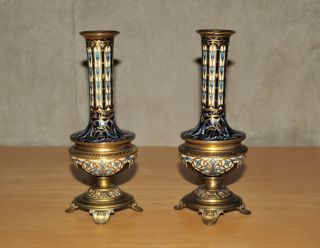Pair Quality Antique Champleve Enamel & Bronze Tulips Arts & Crafts Bud Vases