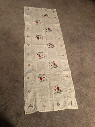 Vintage Table Runner Dresser Scarf Embroidered Pink Red Green Flowers 40”x 14”