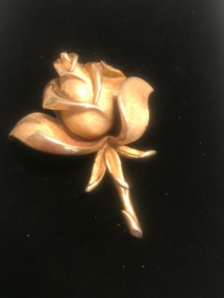 Crown Trifari Signed Vintage Gold Tone Rose Brooch 2 “ Estate Jewelry Pin
