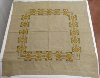 Antique ARTS & CRAFTS STICKLEY MISSION Era EMBROIDERED Tablecloth Linen 39x39 2