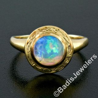 Antique Victorian 14k Yellow Gold Round Cabochon Opal Solitaire Engraved Ring