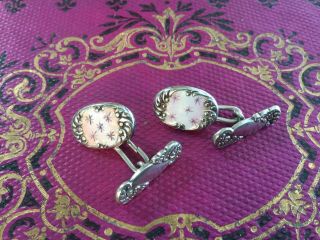 Antique Vintage Pair Sterling Cuff Links With Enamel Horses Under Glass