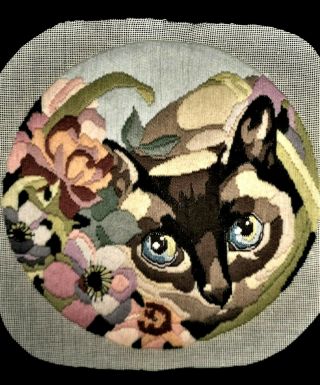 Fabulous Vintage Cat Floral Pillow Top Wall Art Finished Completed Needlepoint
