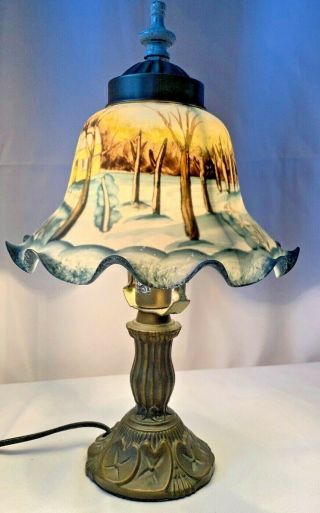 Vintage Hand Painted Art Glass Lamp American Winter Scene Currier And Ives Lamp