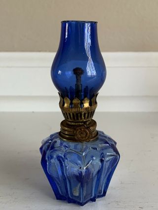 Vintage Miniature Cobalt Blue Glass Oil Lamp Made In Hong Kong