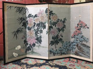 Antique/ Vintage Chinese 4 Panel Screen Gray Floral & Butterflies & Chicks 36x59