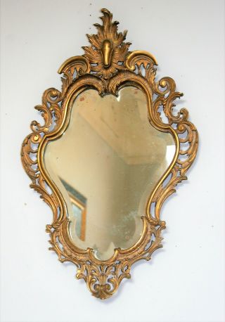 Vintage French Rococo Style Gilt Brass Ormolu Wall Mirror Bevelled Glass 27in
