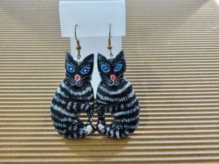 Large Vintage Black Cat Earrings | Wood Hand Painted | Perfect For Halloween