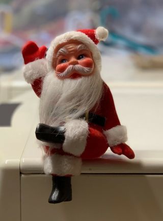 Vintage Santa Claus Flocked Felt Figure Christmas Sitting Waving 7 Inches Tall