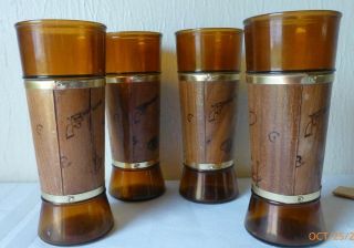 Vintage Siesta Ware Drinking Glasses Western Wood Wrapped Bar Ware Set of 4 3