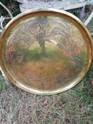 Large Antique Art Nouveau Brass Tray Charger Trumpet Flowers Ivy Arts & Crafts