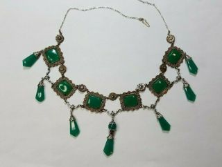 Antique Chrysoprase Art Deco Elaborate Necklace Silver Plate And Dangling Gems