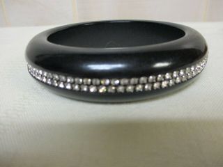 Pretty Vintage Black Bakelite Bracelet With Clear Rhinestones