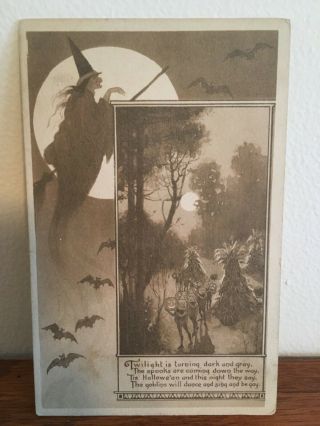 Antique Vintage 1911 Black White Halloween Postcard Forest Brownies Imps Spooks