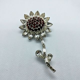Vintage Weiss Brooch Pin Sun Flower Rhinestone Red White Clear Crystal Jewelry