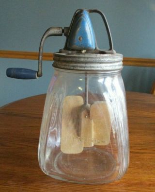 Antique Vintage Art Deco Glass Jar 4 Quart Butter Churn Blue Paint Wood & Metal