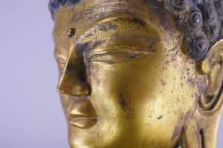 Fine Old Chinese Tibetan Buddha Gold Gilt Bronze Head w/ Blue Pigmented Hair 3