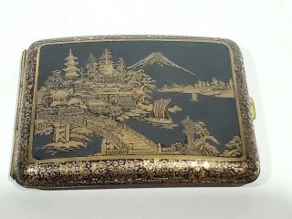 Vintage Wwii Era Japanese Damascene Cigarette Case - Mount Fuji