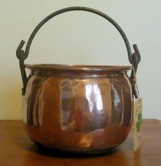 Vintage Handmade Copper Pot Cauldron Planter With Brass Handle And Tag