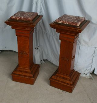 Antique Matching Oak Marble Top Pedestal Stands - Plant Stand