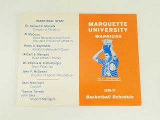 1970 - 71 Marquette Warriors Basketball Pocket Schedule
