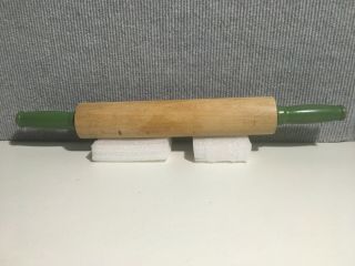 Vintage 15 1/2 " Wooden Rolling Pin With Green Handles - 1.  75 Diam; 9 1/4 " Baking