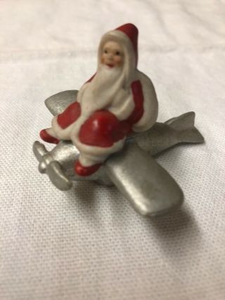 Vintage Red Porcelain Christmas Santa On Airplane Rare