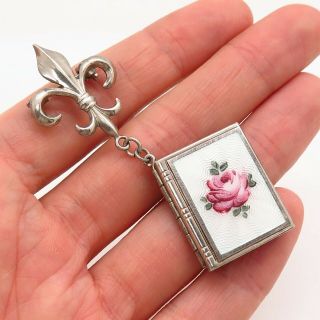 Antique Sterling Silver Guilloche Enamel Fleur - De - Lis Locket Pendant Pin Brooch