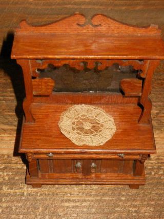 Antique Biedermeier Wooden Dollhouse Sideboard Hutch Cabinet With Mirror