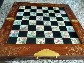 Vintage Chess Set In Wood Drawered Case W/unique Board 18 "