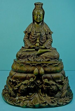 Antique Chinese Bronze Guanyin Seated On Double Lotus Throne Sculpture