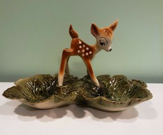Vintage Ceramic Candy Dish Trinket Tray With Fawn Baby Deer Leaf Bowls