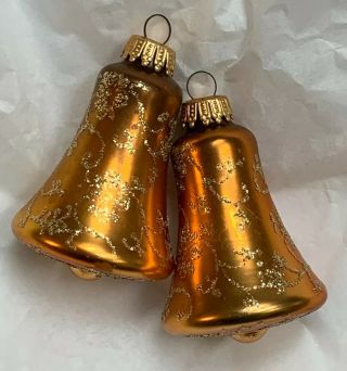 Vintage Krebs Gold Glass Glitter Bells Christmas Tree Ornaments 2.  5”