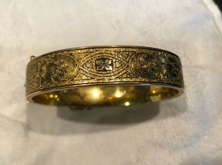 Vintage Antique Deco Engraved Gold Filled Hinged Bangle Bracelet