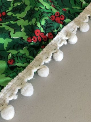 Vintage Christmas Green Ivy White Pom Poms Tablecloth 60”x 52” Handmade