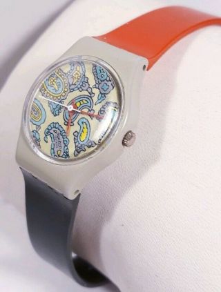 Swatch Watch Sheherazade Lm105 Red Gray Band Plastic Case Multicolor Face 1985