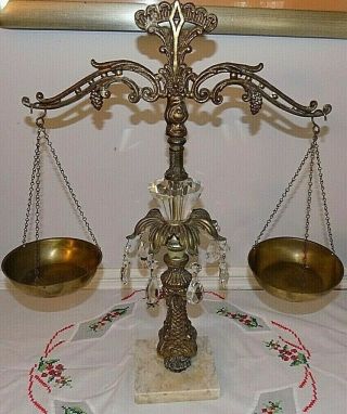 Vintage Decorative Balance Scales Of Justice W/marble Base & Glass Prisms