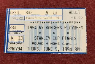 1994 Ny Rangers Playoffs Stanley Cup Finals Game 3 Authentic Ticket Stub - Rare