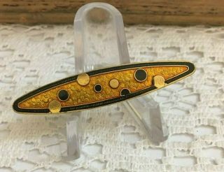 Rare Vtg Antique Gold Black Enamel Dot Brooch Pin Unsigned Lacqer Retro