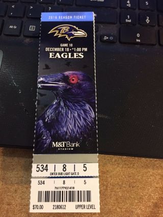 2016 Baltimore Ravens Vs Philadelphia Eagles Ticket Stub 12/18