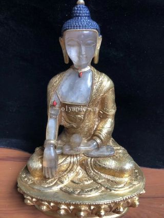 8  Nepal Tibet Bronze Gold Rock Crystal Quartz Carved Medicine Buddha Statue