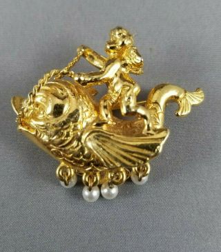Vtg Gold Designer Signed Cupid Cherub Riding Dolphin Fish W/ Pearls Brooch Pin